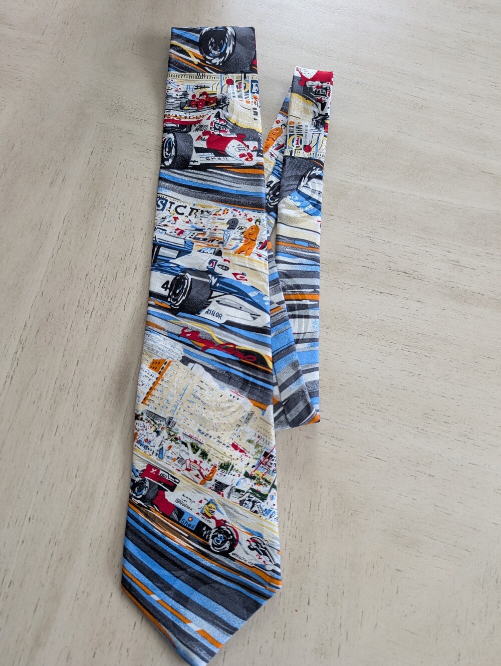 Racing Print Silk Tie in Blue and Multicolor